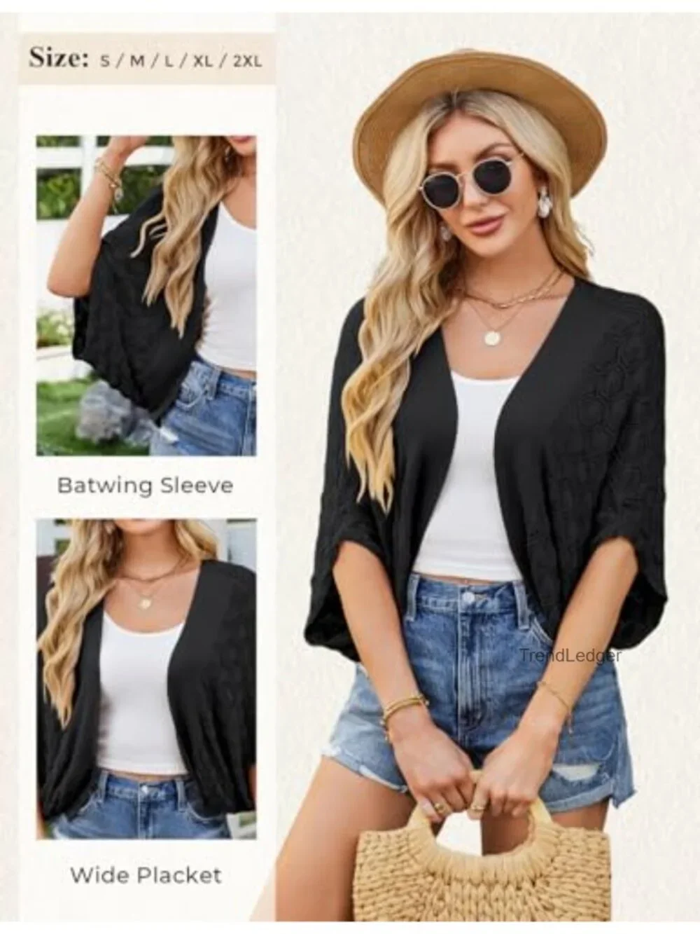 Women's Crochet Batwing Sleeve Cropped Cardigan Shrug Bolero Lightweight Boho